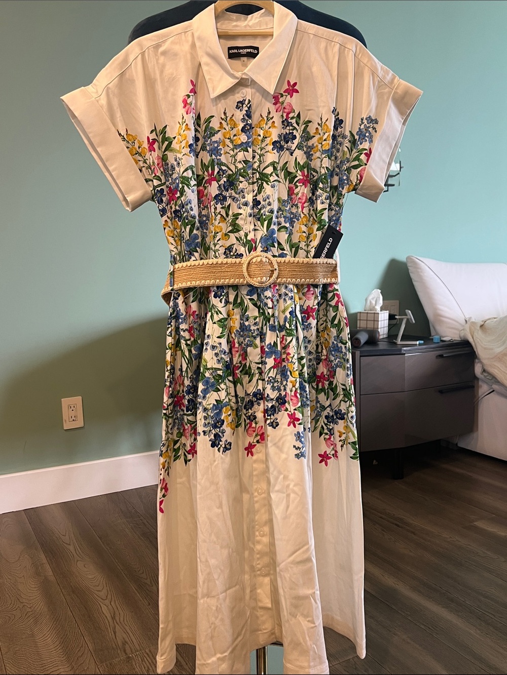Karl Lagerfeld Cream Floral Shirt Dress with Multicolor Blooms - Picture 8 of 10
